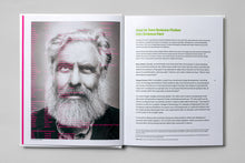 Load image into Gallery viewer, Open book with black & white photo of a man with white hair and a beard—geneticist George Church—on one side & text on the other.