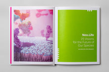 Load image into Gallery viewer, Open book with pastel molecular illustration & words saying 25 Visions for the Future of Our Species Jane Metcalfe Brian Bergstein
